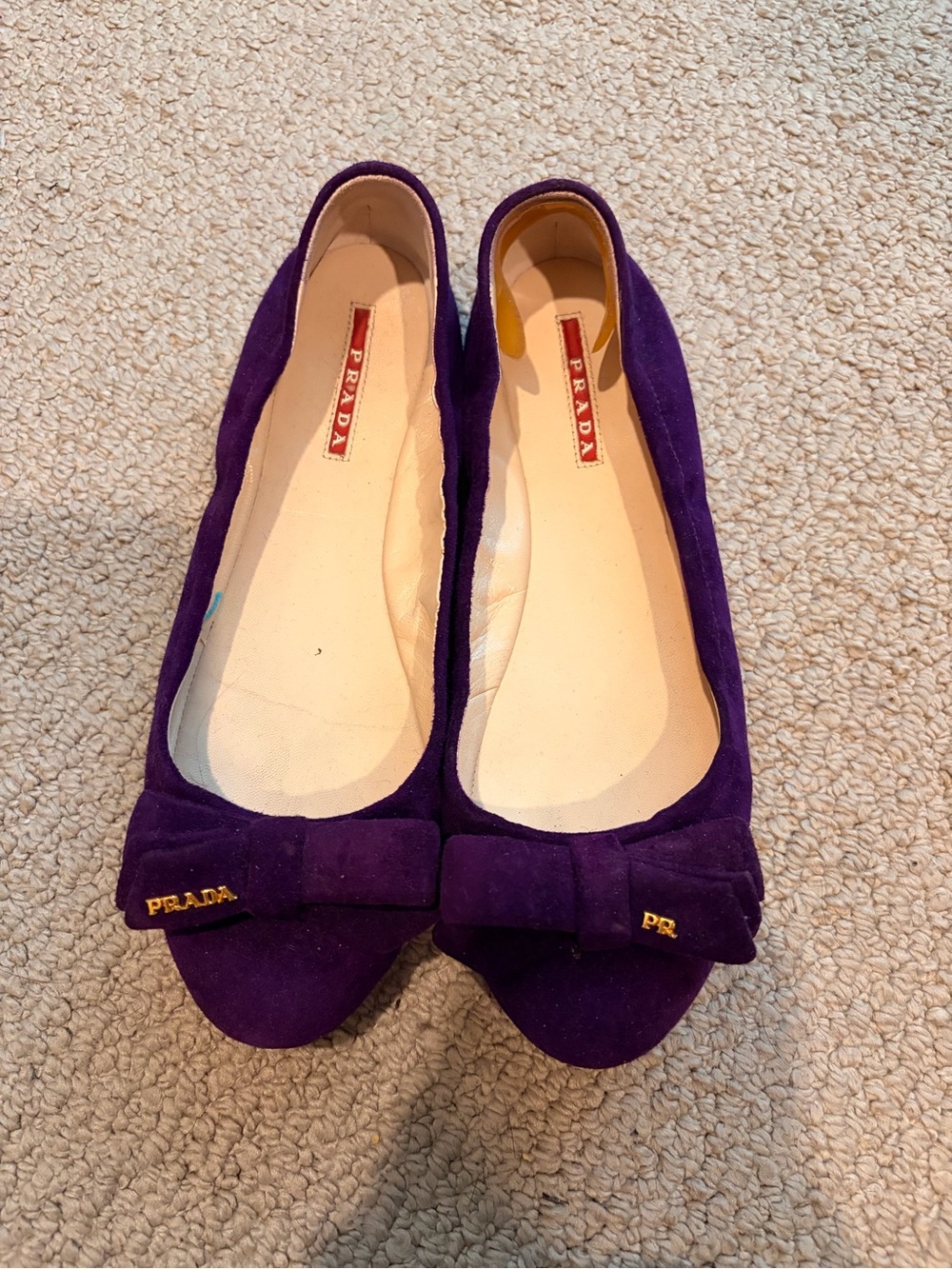 Prada Purple Suede Bow Flats with Gold Logo